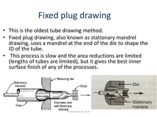 Fixed plug drawing
• This is the oldest tube drawing method.
• Fixed plug drawing, also known as stationary mandrel
drawing, uses a mandrel at the end of the die to shape the
ID of the tube.
• This process is slow and the area reductions are limited
(lengths of tubes are limited), but it gives the best inner
surface finish of any of the processes.
Prof. Naman M. Dave
 