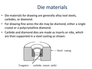 Die materials
• Die materials for drawing are generally alloy tool steels,
carbides, or diamond.
• For drawing fine wires the die may be diamond, either a single
crystal or a polycrystalline diamond.
• Carbide and diamond dies are made as inserts or nibs, which
are then supported in a steel casting as shown:
Prof. Naman M. Dave
 
