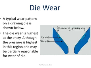 • A typical wear pattern
on a drawing die is
shown below.
• The die wear is highest
at the entry. Although
the pressure is highest
in this region and may
be partially reasonable
for wear of die.
Die Wear
Prof. Naman M. Dave
 