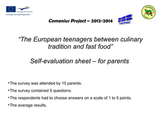 Comenius Project – 2012-2014 
“The European teenagers between culinary 
tradition and fast food” 
Self-evaluation sheet – for parents 
The survey was attended by 15 parents. 
The survey contained 5 questions. 
The respondents had to choose answers on a scale of 1 to 5 points. 
The average results. 
 