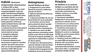 Bugetprogram2021-2022–40mln€.
ProgrampilotpentruRepublicaMoldova,
ulteriorreplicatșiîncelelaltețăria
ParteriatuluiEstic(EaP).
Detaliipewww.idep.md
Antreprenor.
StartUP Moldova 18-35ani
1. Înregistrarea la cursul online
(durata 8 ore) pentru elaborarea
planului de afaceri.
3. Aplicarea planului de afaceri pe
platformă online.
4. 3 răspunsuri posibile: Da, Nu sau
Recomandări (în caz de potențial).
5. Se transmite contract online
pentru planul de afaceri aprobat.
6. Semnarea contractului cu
semnătura online a beneficiarului.
7. Transferul unui avans de 80%
după semnarea contractului online
și plata sumei rămase de 20% după
2 luni de la începerea activității și a
raportului în conformitate cu planul
de afaceri aplicat.
8. Transferul se efectuează pentru
costurile indicate în plan de afaceri
direct de la insituția donatoare.
8. Raportul final al programului de
asistență la 12 luni de la lansare.
Individ. Renovarea
echipamentelor electrocasnice.
1. Cetățenii RM ce dețin
electrocasnice uzate și de o clasă
energetică depășită: mașini de
spălat rufe/televizoare/frigidere.
2. Aplicarea pe o platformă online
securizată a datelor cu caracter
personal, cu 2 poze electrocasnice:
vedere generală, eticheta pe
spatele echipamentului unde este
indicat clasa energetică .
3. Indicarea locului de unde poate fi
ridicat echipamentul respectiv,
inclusiv date de contact.
4. Acceptarea aplicației.
5. Coordonarea ridicării
electrocasnic acceptat.
6. Preluarea ehipamentului
electrocasnic acceptat în schimbul
voucher-ului pentru procurarea
altui nou de clasa energetică A+++
(valoarea medie 100 euro per
aplicant/familie/adresă).
Primărie
din Moldova ce au acord de
înfrățire cu o primărie din UE.
1. Aplicarea pe platformă online
securizată a contractului de
înfrățire, inclusiv și a unui ONG
constituit de primărie.
2. Prezentarea activităților
desfășurate în comun de primăriile
partenere în ultimele 12 luni.
3. Înscrierea la curs online pentru
elaborarea unui proiect (8 ore).
4. Prezentarea unui proiect ce
poate fi realizat în primăria din
Moldova în sumă ce nu depășește
20.000 euro pentru proiect, dintre
care 10.000 euro grant.
5. Transferul sumei de 10.000 euro
pe contul ONG-ului partener cu
primăria, GAL sau primărie direct.
6. Realizarea proiectului și
prezentarea documentelor, inclusiv
poze și/sau video, cu participarea
primăriilor înfrățite UE-RM.
 