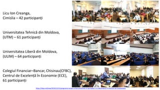 Licu Ion Creanga,
Cimislia – 42 participanți
Universitatea Tehnică din Moldova,
(UTM) – 61 participanți
Universitatea Liberă din Moldova,
(ULIM) – 64 participanți
Colegiul Financiar–Bancar, Chisinau(CFBC),
Centrul de Excelență în Economie (ECE),
61 participanți
https://idep.md/new/2019/12/15/programul-ecipes-a-fost-prezentat-in-perioada-2-11-decembrie-in-institutii-de-invatamant/
 