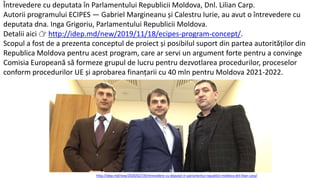 Întrevedere cu deputata în Parlamentului Republicii Moldova, Dnl. Lilian Carp.
Autorii programului ECIPES — Gabriel Margineanu și Calestru Iurie, au avut o întrevedere cu
deputata dna. Inga Grigoriu, Parlamentului Republicii Moldova.
Detalii aici 👉 http://idep.md/new/2019/11/18/ecipes-program-concept/.
Scopul a fost de a prezenta conceptul de proiect și posibilul suport din partea autorităților din
Republica Moldova pentru acest program, care ar servi un argument forte pentru a convinge
Comisia Europeană să formeze grupul de lucru pentru dezvotlarea procedurilor, proceselor
conform procedurilor UE și aprobarea finanțarii cu 40 mln pentru Moldova 2021-2022.
http://idep.md/new/2020/02/19/intrevedere-cu-deputat-in-parlamentul-republicii-moldova-dnl-lilian-carp/
 