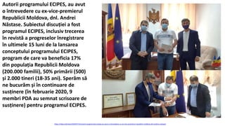 https://idep.md/new/2020/07/31/autorii-programului-ecipes-au-avut-o-intrevedere-cu-ex-vice-premierul-republicii-moldova-dnl-andrei-nastase/
Autorii programului ECIPES, au avut
o întrevedere cu ex-vice-premierul
Republicii Moldova, dnl. Andrei
Năstase. Subiectul discuției a fost
programul ECIPES, inclusiv trecerea
în revistă a progreselor înregistrare
în ultimele 15 luni de la lansarea
conceptului programului ECIPES,
program de care va beneficia 17%
din populația Republicii Moldova
(200.000 familii), 50% primării (500)
și 2.000 tineri (18-35 ani). Sperăm să
ne bucurăm și în continuare de
susținere (în februarie 2020, 9
membri PDA au semnat scrisoare de
susținere) pentru programul ECIPES.
 