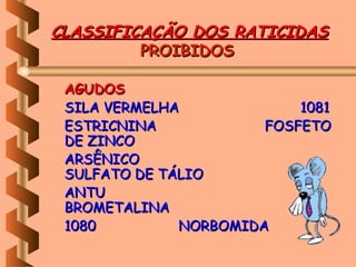 CLASSIFICAÇÃO DOS RATICIDAS
         PROIBIDOS

 AGUDOS
 SILA VERMELHA             1081
 ESTRICNINA            FOSFETO
 DE ZINCO
 ARSÊNICO
 SULFATO DE TÁLIO
 ANTU
 BROMETALINA
 1080         NORBOMIDA
  
 