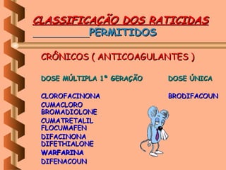 CLASSIFICAÇÃO DOS RATICIDAS
         PERMITIDOS

 CRÔNICOS ( ANTICOAGULANTES )
  
 DOSE MÚLTIPLA 1ª GERAÇÃO   DOSE ÚNICA
  
 CLOROFACINONA              BRODIFACOUN
 CUMACLORO
 BROMADIOLONE
 CUMATRETALIL
 FLOCUMAFEN
 DIFACINONA
 DIFETHIALONE
 WARFARINA
 DIFENACOUN
 