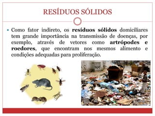 RESÍDUOS SÓLIDOS
 Como fator indireto, os resíduos sólidos domiciliares
tem grande importância na transmissão de doenças, por
exemplo, através de vetores como artrópodes e
roedores, que encontram nos mesmos alimento e
condições adequadas para proliferação.
 