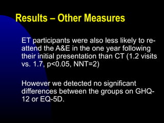 Results – Other Measures
ET participants were also less likely to re-
attend the A&E in the one year following
their initial presentation than CT (1.2 visits
vs. 1.7, p<0.05, NNT=2)
However we detected no significant
differences between the groups on GHQ-
12 or EQ-5D.
 