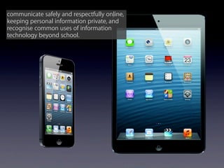 communicate safely and respectfully online,
keeping personal information private, and
recognise common uses of information
technology beyond school.
 
