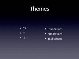 Themes
• CS
• IT
• DL
• Foundations
• Applications
• Implications
 