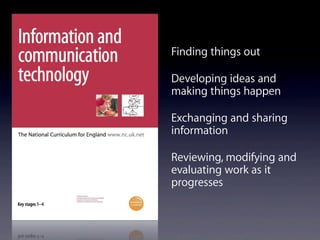 Finding things out
Developing ideas and
making things happen
Exchanging and sharing
information
Reviewing, modifying and
evaluating work as it
progresses
 