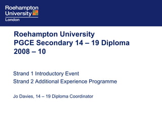 Roehampton University  PGCE Secondary 14 – 19 Diploma 2008 – 10 Strand 1 Introductory Event  Strand 2 Additional Experience Programme Jo Davies, 14 – 19 Diploma Coordinator 