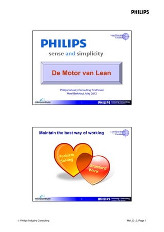 Lean Operations
                                                                               Excellence




                                De Motor van Lean

                                  Philips Industry Consulting Eindhoven
                                         Roel Berkhout, May 2012


                                                   1                      Industry Consulting
                                                                           24 mei 2012, Roel Berkhout




                   Maintain the best way of working                       Lean Operations
                                                                               Excellence




                                                   2                      Industry Consulting
                                                                           24 mei 2012, Roel Berkhout




 Philips Industry Consulting                                                                           Mei 2012, Page 1
 