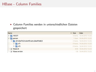 HBase - Column Families

Column Families werden in unterschiedlichen Dateien
gespeichert

19

 