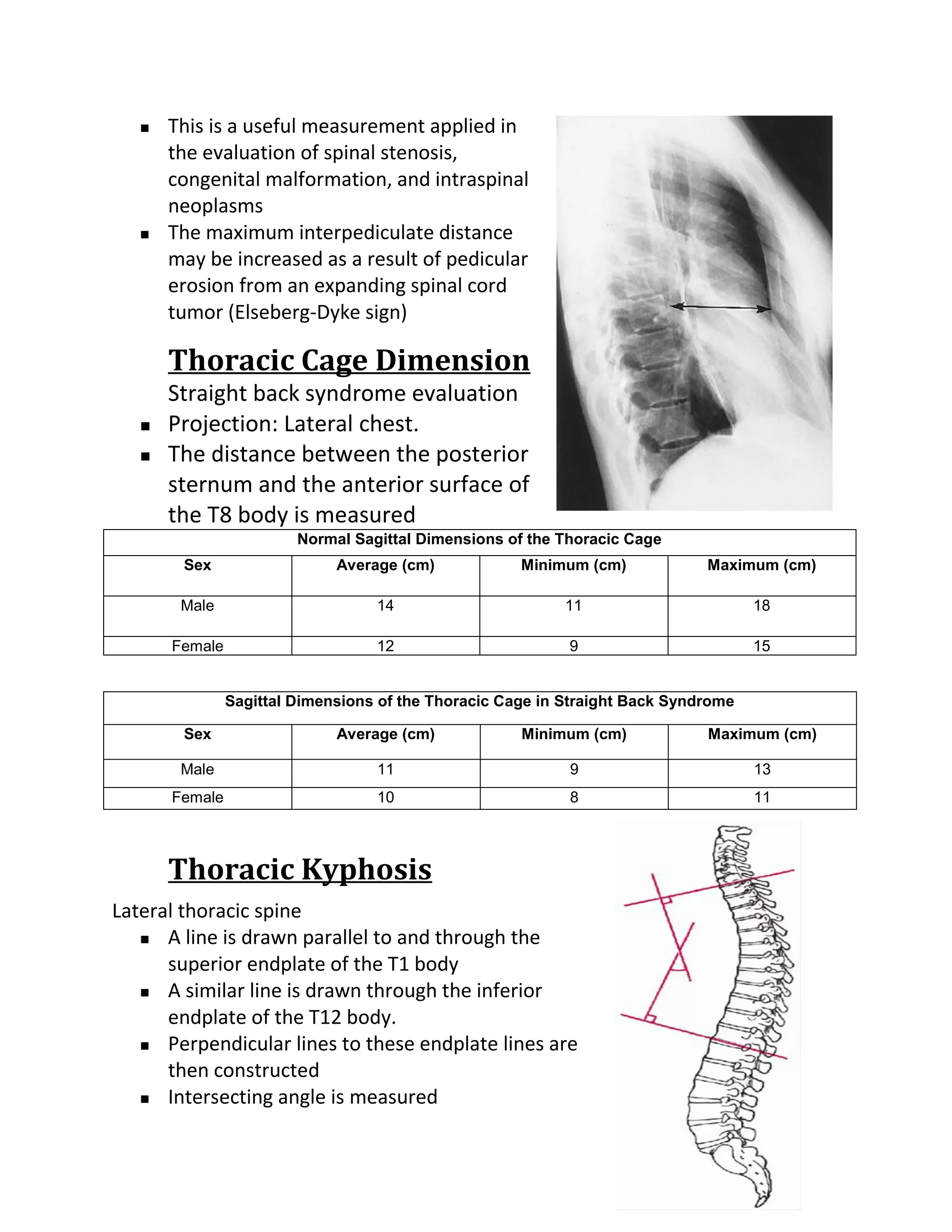    This is a useful measurement applied in
       the evaluation of spinal stenosis,
       congenital malformation, and intraspinal
       neoplasms
      The maximum interpediculate distance
       may be increased as a result of pedicular
       erosion from an expanding spinal cord
       tumor (Elseberg-Dyke sign)

       Thoracic Cage Dimension
       Straight back syndrome evaluation
      Projection: Lateral chest.
      The distance between the posterior
       sternum and the anterior surface of
       the T8 body is measured
                         Normal Sagittal Dimensions of the Thoracic Cage
        Sex                   Average (cm)            Minimum (cm)            Maximum (cm)

        Male                       14                       11                       18

       Female                      12                       9                        15


                Sagittal Dimensions of the Thoracic Cage in Straight Back Syndrome

        Sex                   Average (cm)            Minimum (cm)            Maximum (cm)

        Male                       11                       9                        13
       Female                      10                       8                        11



       Thoracic Kyphosis
Lateral thoracic spine
    A line is drawn parallel to and through the

      superior endplate of the T1 body
    A similar line is drawn through the inferior

      endplate of the T12 body.
    Perpendicular lines to these endplate lines are

      then constructed
    Intersecting angle is measured
 