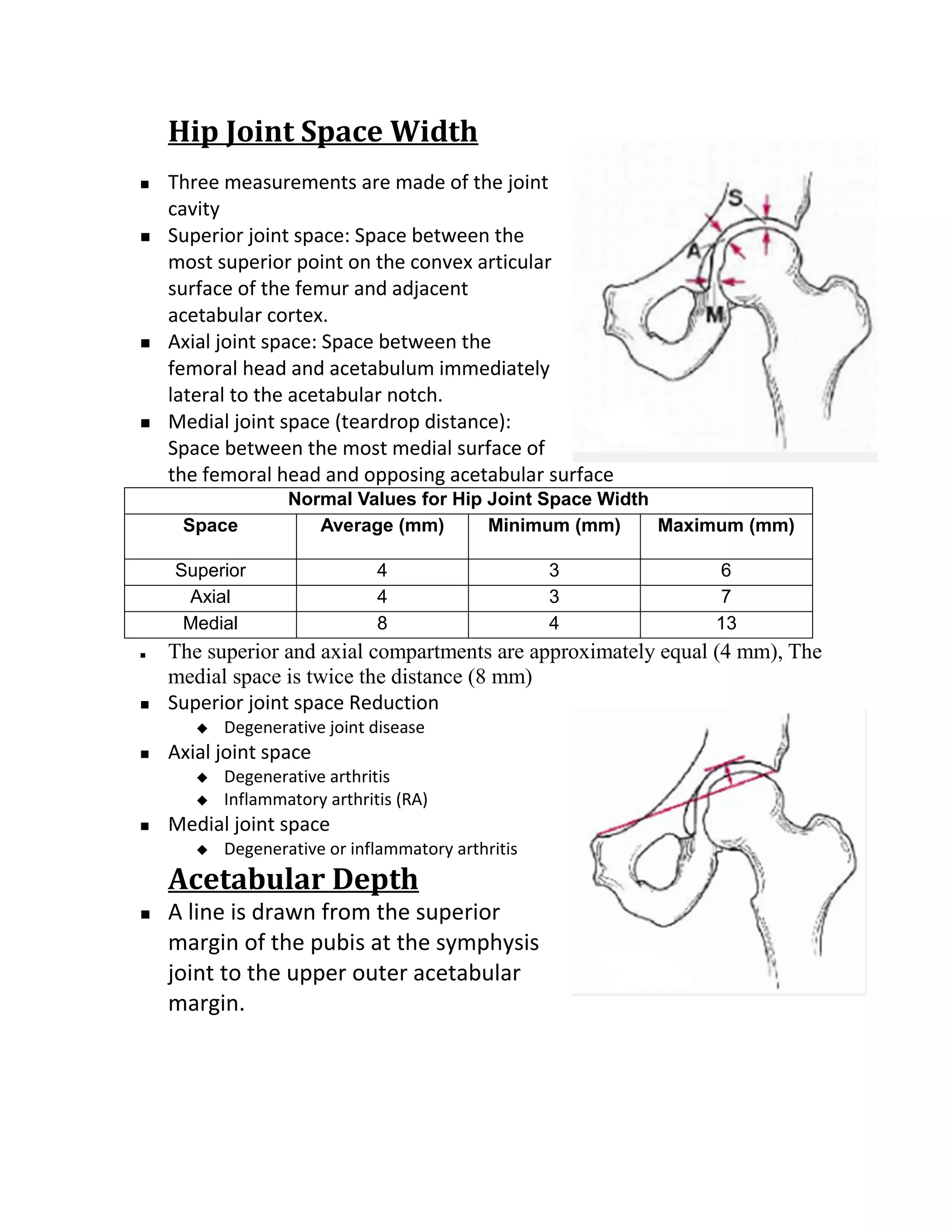 Hip Joint Space Width
   Three measurements are made of the joint
    cavity
   Superior joint space: Space between the
    most superior point on the convex articular
    surface of the femur and adjacent
    acetabular cortex.
   Axial joint space: Space between the
    femoral head and acetabulum immediately
    lateral to the acetabular notch.
   Medial joint space (teardrop distance):
    Space between the most medial surface of
    the femoral head and opposing acetabular surface
                   Normal Values for Hip Joint Space Width
     Space            Average (mm)       Minimum (mm)      Maximum (mm)

    Superior                   4                    3          6
     Axial                     4                    3          7
     Medial                    8                    4          13
   The superior and axial compartments are approximately equal (4 mm), The
    medial space is twice the distance (8 mm)
   Superior joint space Reduction
          Degenerative joint disease
   Axial joint space
          Degenerative arthritis
          Inflammatory arthritis (RA)
   Medial joint space
          Degenerative or inflammatory arthritis
    Acetabular Depth
   A line is drawn from the superior
    margin of the pubis at the symphysis
    joint to the upper outer acetabular
    margin.
 