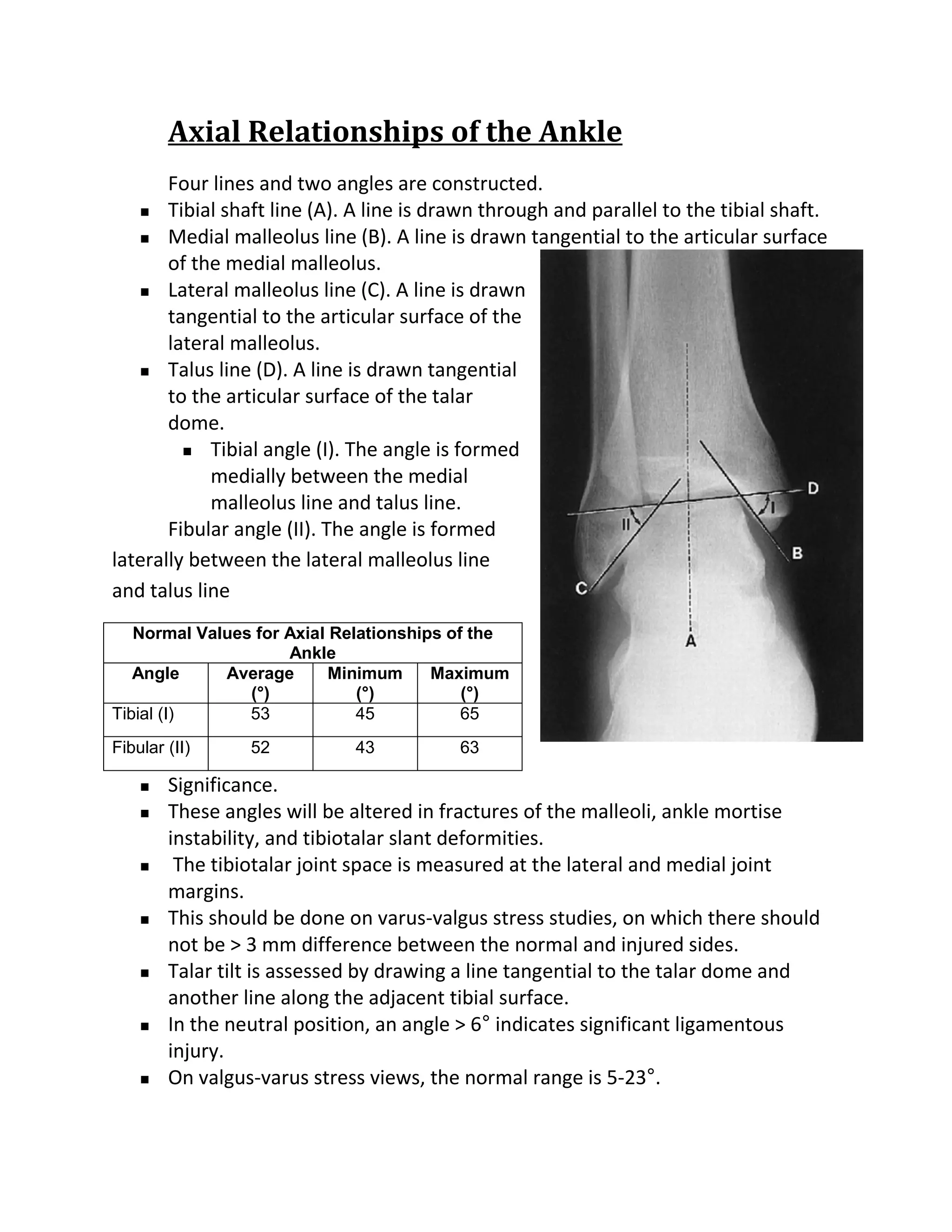 Axial Relationships of the Ankle
       Four lines and two angles are constructed.
    Tibial shaft line (A). A line is drawn through and parallel to the tibial shaft.

    Medial malleolus line (B). A line is drawn tangential to the articular surface

       of the medial malleolus.
    Lateral malleolus line (C). A line is drawn

       tangential to the articular surface of the
       lateral malleolus.
    Talus line (D). A line is drawn tangential

       to the articular surface of the talar
       dome.
          Tibial angle (I). The angle is formed

            medially between the medial
            malleolus line and talus line.
       Fibular angle (II). The angle is formed
laterally between the lateral malleolus line
and talus line
   Normal Values for Axial Relationships of the
                     Ankle
   Angle     Average       Minimum     Maximum
                (°)           (°)          (°)
Tibial (I)      53            45           65
Fibular (II)     52          43          63

       Significance.
       These angles will be altered in fractures of the malleoli, ankle mortise
        instability, and tibiotalar slant deformities.
        The tibiotalar joint space is measured at the lateral and medial joint
        margins.
       This should be done on varus-valgus stress studies, on which there should
        not be > 3 mm difference between the normal and injured sides.
       Talar tilt is assessed by drawing a line tangential to the talar dome and
        another line along the adjacent tibial surface.
       In the neutral position, an angle > 6° indicates significant ligamentous
        injury.
       On valgus-varus stress views, the normal range is 5-23°.
 