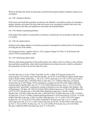 Whoever furnishes the means for procuring an abortion knowing the purpose intended is guilty as an
accomplice.
Art. 1193. Attempt at abortion
If the means used shall fail to produce an abortion, the offender is nevertheless guilty of an attempt to
produce abortion, provided it be shown that such means were calculated to produce that result, and
shall be fined not less than one hundred nor more than one thousand dollars.
Art. 1194. Murder in producing abortion
If the death of the mother is occasioned by an abortion so produced or by an attempt to effect the same
it is murder.
Art. 1196. By medical advice
Nothing in this chapter applies to an abortion procured or attempted by medical advice for the purpose
of saving the life of the mother.
The foregoing Articles, together with Art. 1195, compose Chapter 9 of Title 15 of the Penal Code.
Article 1195, not attacked here, reads:
Art. 1195. Destroying unborn child
Whoever shall during parturition of the mother destroy the vitality or life in a child in a state of being
born and before actual birth, which child would otherwise have been born alive, shall be confined in
the penitentiary for life or for not less than five years.
2.
Ariz.Rev.Stat.Ann. § 13-211 (1956); Conn.Pub. Act No. 1 (May 1972 special session) (in 4
Conn.Leg.Serv. 677 (1972)), and Conn.Gen.Stat.Rev. §§ 53-29, 53-30 (1968) (or unborn child); Idaho
Code § 18-601 (1948); Ill.Rev.Stat., c. 38, § 23-1 (1971); Ind.Code § 35-1-58-1 (1971); Iowa Code §
701.1 (1971); Ky.Rev.Stat. § 436.020 (1962); La.Rev.Stat. § 37: 1285(6) (1964) (loss of medical
license) (but see § 14:87 (Supp. 1972) containing no exception for the life of the mother under the
criminal statute); Me.Rev.Stat. Ann, Tit. 17, § 51 (1964); Mass.Gen.Laws Ann., c. 272, § 19 (1970)
(using the term "unlawfully," construed to exclude an abortion to save the mother's life, Kudish v. Bd.
of Registration, 356 Mass. 98, 248 N.E.2d 264 (1969)); Mich.Comp.Laws § 750.14 (1948); Minn.Stat.
§ 617.18 (1971); Mo.Rev.Stat. § 559.100 (1969); Mont.Rev.Codes Ann. § 94-401 (1969);
Neb.Rev.Stat. § 28-405 (1964); Nev.Rev.Stat. § 200.220 (1967); N.H.Rev.Stat.Ann. § 585: 13 (1955);
N.J.Stat.Ann. § 2A:87-1 (1969) ("without lawful justification"); N.D.Cent.Code §§ 12-25-01, 12-25-02
(1960); Ohio Rev.Code Ann. § 2901.16 (1953); Okla.Stat.Ann., Tit. 21, § 861 (1972-1973 Supp.);
Pa.Stat.Ann., Tit. 18, §§ 4718, 4719 (1963) ("unlawful"); R.I.Gen.Laws Ann. § 11-3-1 (1969);
S.D.Comp.Laws Ann. § 22-17-1 (1967); Tenn.Code Ann. §§ 39-301, 39-302 (1956); Utah Code Ann.
§§ 76-2-1, 76-2-2 (1953); Vt.Stat.Ann., Tit. 13, § 101 (1958); W.Va.Code Ann. § 61-2-8 (1966);
Wis.Stat. § 940.04 (1969); Wyo.Stat.Ann. §§ 6-77, 6-78 (1957).
3.

 