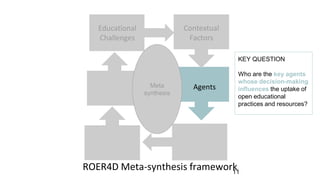 Educational
Challenges
Contextual
Factors
Agents
ROER4D Meta-synthesis framework11
Meta
synthesis
Meta
synthesis
KEY QUEST...
