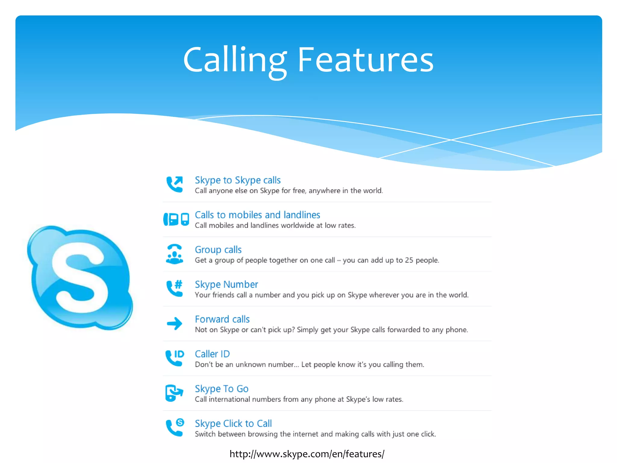 Calling Features
http://www.skype.com/en/features/
 