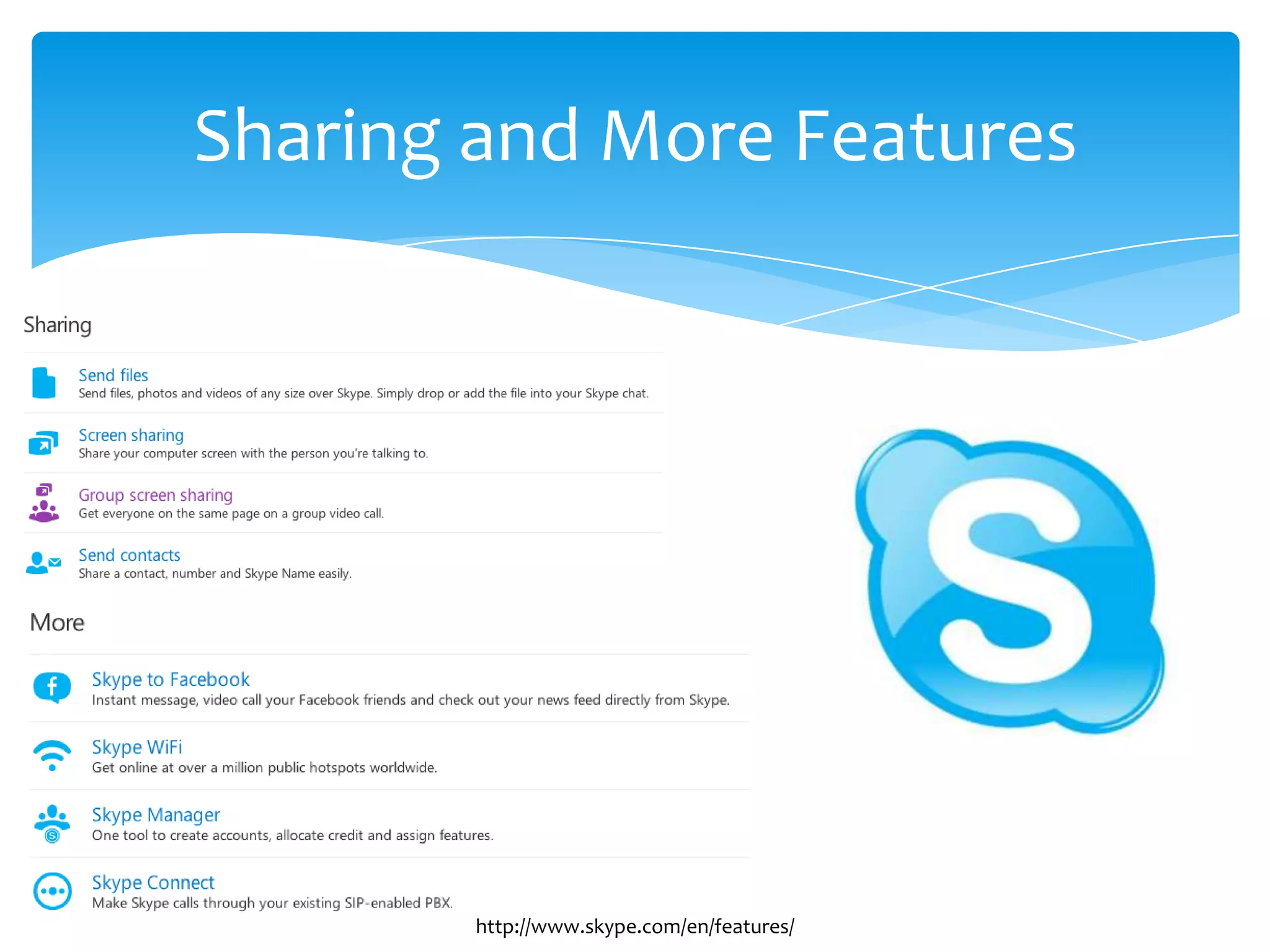 Sharing and More Features
http://www.skype.com/en/features/
 