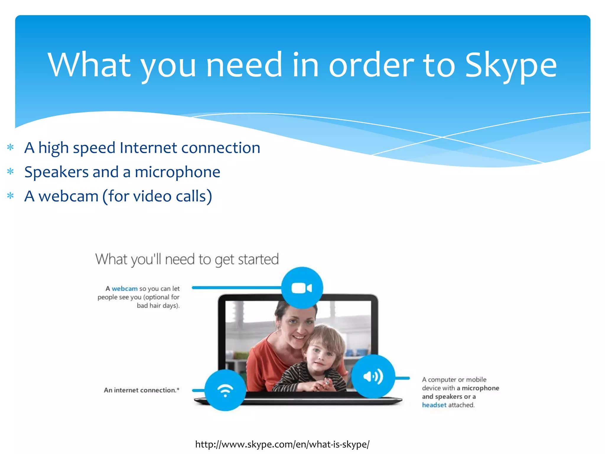 A high speed Internet connection
Speakers and a microphone
A webcam (for video calls)
What you need in order to Skype
http://www.skype.com/en/what-is-skype/
 