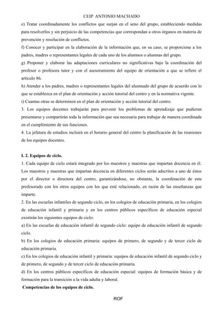 CEIP ANTONIO MACHADO
e) Tratar coordinadamente los conflictos que surjan en el seno del grupo, estableciendo medidas
para resolverlos y sin perjuicio de las competencias que correspondan a otros órganos en materia de
prevención y resolución de conflictos.
f) Conocer y participar en la elaboración de la información que, en su caso, se proporcione a los
padres, madres o representantes legales de cada uno de los alumnos o alumnas del grupo.
g) Proponer y elaborar las adaptaciones curriculares no significativas bajo la coordinación del
profesor o profesora tutor y con el asesoramiento del equipo de orientación a que se refiere el
artículo 86.
h) Atender a los padres, madres o representantes legales del alumnado del grupo de acuerdo con lo
que se establezca en el plan de orientación y acción tutorial del centro y en la normativa vigente.
i) Cuantas otras se determinen en el plan de orientación y acción tutorial del centro.
3. Los equipos docentes trabajarán para prevenir los problemas de aprendizaje que pudieran
presentarse y compartirán toda la información que sea necesaria para trabajar de manera coordinada
en el cumplimiento de sus funciones.
4. La jefatura de estudios incluirá en el horario general del centro la planificación de las reuniones
de los equipos docentes.
I. 2. Equipos de ciclo.
1. Cada equipo de ciclo estará integrado por los maestros y maestras que impartan docencia en él.
Los maestros y maestras que impartan docencia en diferentes ciclos serán adscritos a uno de éstos
por el director o directora del centro, garantizándose, no obstante, la coordinación de este
profesorado con los otros equipos con los que esté relacionado, en razón de las enseñanzas que
imparte.
2. En las escuelas infantiles de segundo ciclo, en los colegios de educación primaria, en los colegios
de educación infantil y primaria y en los centros públicos específicos de educación especial
existirán los siguientes equipos de ciclo:
a) En las escuelas de educación infantil de segundo ciclo: equipo de educación infantil de segundo
ciclo.
b) En los colegios de educación primaria: equipos de primero, de segundo y de tercer ciclo de
educación primaria.
c) En los colegios de educación infantil y primaria: equipos de educación infantil de segundo ciclo y
de primero, de segundo y de tercer ciclo de educación primaria.
d) En los centros públicos específicos de educación especial: equipos de formación básica y de
formación para la transición a la vida adulta y laboral.
Competencias de los equipos de ciclo.
ROF
 