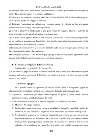 CEIP ANTONIO MACHADO
ROF
n) Investigar sobre el uso de las buenas prácticas docentes existentes y trasladarlas a los equipos de
ciclo y de orientación para su conocimiento y aplicación.
ñ) Informar a los maestros y maestras sobre líneas de investigación didáctica innovadoras que se
estén llevando a cabo con respecto al currículo.
o) Establecer indicadores de calidad que permitan valorar la eficacia de las actividades
desarrolladas por el centro y realizar su seguimiento.
p) Elevar al Claustro de Profesorado el plan para evaluar los aspectos educativos del Plan de
Centro, la evolución del aprendizaje y el proceso de enseñanza.
q) Colaborar con la Agencia Andaluza de Evaluación Educativa en la aplicación y el seguimiento
de las pruebas de evaluación de diagnóstico y con aquellas otras actuaciones relacionadas con la
evaluación que se lleven a cabo en el centro.
r) Proponer, al equipo directivo y al Claustro de Profesorado, planes de mejora como resultado de
las evaluaciones llevadas a cabo en el centro.
s) Cualesquiera otras que le sean atribuidas por el proyecto educativo del centro o por Orden de la
persona titular de la Consejería competente en materia de educación.
I. 5.- Tutoría y designación de tutores y tutoras.
Según establece el artículo 89 del Decreto 328:
1. Cada unidad o grupo de alumnos y alumnas tendrá un tutor o tutora que será nombrado por la
dirección del centro, a propuesta de la jefatura de estudios, de entre el profesorado que imparta
docencia en el mismo.
Adscripción a grupos.
En la primera semana de septiembre, el Director llevará a cabo la adscripción a grupos de
alumnos siempre teniendo en cuenta razones pedagógicas. Para ello tendrá en cuenta que:
 Aquellos/as maestros/as que hayan tenido asignado un grupo el curso escolar anterior
continuarán con éste hasta la finalización del Ciclo.
 A los maestros que terminan Ciclo les serán asignadas las tutorías por este orden:
1. Miembros del Equipo Directivo.
2. Profesorado restante, teniendo en cuenta su idoneidad, su formación, capacidad, cursillos de
formación, etc, que aconsejen la asignación de los profesores a los distintos cursos y ciclos.
3. No obstante lo anterior, a los profesores especialistas que tuvieran escoger tutoría, se les
asignará siempre una de Segundo o Tercer Ciclo de Primaria. Hay que establecer como
norma, siempre que sea posible su cumplimiento, el comienzo de la tutoría de primer año en
cada ciclo. Se aconseja que los cargos directivos elijan, a ser posible los cursos más altos
 