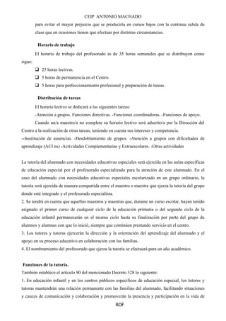 CEIP ANTONIO MACHADO
ROF
para evitar el mayor perjuicio que se produciría en cursos bajos con la continua salida de
clase que en ocasiones tienen que efectuar por distintas circunstancias.
Horario de trabajo
El horario de trabajo del profesorado es de 35 horas semanales que se distribuyen como
sigue:
 25 horas lectivas.
 5 horas de permanencia en el Centro.
 5 horas para perfeccionamiento profesional y preparación de tareas.
Distribución de tareas
El horario lectivo se dedicará a las siguientes tareas:
-Atención a grupos. Funciones directivas. -Funciones coordinadoras. -Funciones de apoyo.
Cuando un/a maestro/a no complete su horario lectivo será adscrito/a por la Dirección del
Centro a la realización de otras tareas, teniendo en cuenta sus intereses y competencia.
--Sustitución de ausencias. -Desdoblamiento de grupos. -Atención a grupos con dificultades de
aprendizaje (ACI ns) -Actividades Complementarias y Extraescolares. -Otras actividades
La tutoría del alumnado con necesidades educativas especiales será ejercida en las aulas específicas
de educación especial por el profesorado especializado para la atención de este alumnado. En el
caso del alumnado con necesidades educativas especiales escolarizado en un grupo ordinario, la
tutoría será ejercida de manera compartida entre el maestro o maestra que ejerza la tutoría del grupo
donde esté integrado y el profesorado especialista.
2. Se tendrá en cuenta que aquellos maestros y maestras que, durante un curso escolar, hayan tenido
asignado el primer curso de cualquier ciclo de la educación primaria o del segundo ciclo de la
educación infantil permanecerán en el mismo ciclo hasta su finalización por parte del grupo de
alumnos y alumnas con que lo inició, siempre que continúen prestando servicio en el centro.
3. Los tutores y tutoras ejercerán la dirección y la orientación del aprendizaje del alumnado y el
apoyo en su proceso educativo en colaboración con las familias.
4. El nombramiento del profesorado que ejerza la tutoría se efectuará para un año académico.
Funciones de la tutoría.
También establece el artículo 90 del mencionado Decreto 328 lo siguiente:
1. En educación infantil y en los centros públicos específicos de educación especial, los tutores y
tutoras mantendrán una relación permanente con las familias del alumnado, facilitando situaciones
y cauces de comunicación y colaboración y promoverán la presencia y participación en la vida de
 