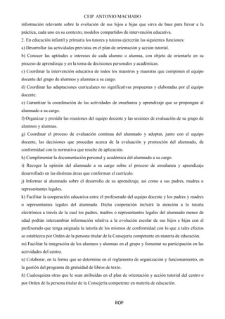 CEIP ANTONIO MACHADO
ROF
información relevante sobre la evolución de sus hijos e hijas que sirva de base para llevar a la
práctica, cada uno en su contexto, modelos compartidos de intervención educativa.
2. En educación infantil y primaria los tutores y tutoras ejercerán las siguientes funciones:
a) Desarrollar las actividades previstas en el plan de orientación y acción tutorial.
b) Conocer las aptitudes e intereses de cada alumno o alumna, con objeto de orientarle en su
proceso de aprendizaje y en la toma de decisiones personales y académicas.
c) Coordinar la intervención educativa de todos los maestros y maestras que componen el equipo
docente del grupo de alumnos y alumnas a su cargo.
d) Coordinar las adaptaciones curriculares no significativas propuestas y elaboradas por el equipo
docente.
e) Garantizar la coordinación de las actividades de enseñanza y aprendizaje que se propongan al
alumnado a su cargo.
f) Organizar y presidir las reuniones del equipo docente y las sesiones de evaluación de su grupo de
alumnos y alumnas.
g) Coordinar el proceso de evaluación continua del alumnado y adoptar, junto con el equipo
docente, las decisiones que procedan acerca de la evaluación y promoción del alumnado, de
conformidad con la normativa que resulte de aplicación.
h) Cumplimentar la documentación personal y académica del alumnado a su cargo.
i) Recoger la opinión del alumnado a su cargo sobre el proceso de enseñanza y aprendizaje
desarrollado en las distintas áreas que conforman el currículo.
j) Informar al alumnado sobre el desarrollo de su aprendizaje, así como a sus padres, madres o
representantes legales.
k) Facilitar la cooperación educativa entre el profesorado del equipo docente y los padres y madres
o representantes legales del alumnado. Dicha cooperación incluirá la atención a la tutoría
electrónica a través de la cual los padres, madres o representantes legales del alumnado menor de
edad podrán intercambiar información relativa a la evolución escolar de sus hijos e hijas con el
profesorado que tenga asignada la tutoría de los mismos de conformidad con lo que a tales efectos
se establezca por Orden de la persona titular de la Consejería competente en materia de educación.
m) Facilitar la integración de los alumnos y alumnas en el grupo y fomentar su participación en las
actividades del centro.
n) Colaborar, en la forma que se determine en el reglamento de organización y funcionamiento, en
la gestión del programa de gratuidad de libros de texto.
ñ) Cualesquiera otras que le sean atribuidas en el plan de orientación y acción tutorial del centro o
por Orden de la persona titular de la Consejería competente en materia de educación.
 