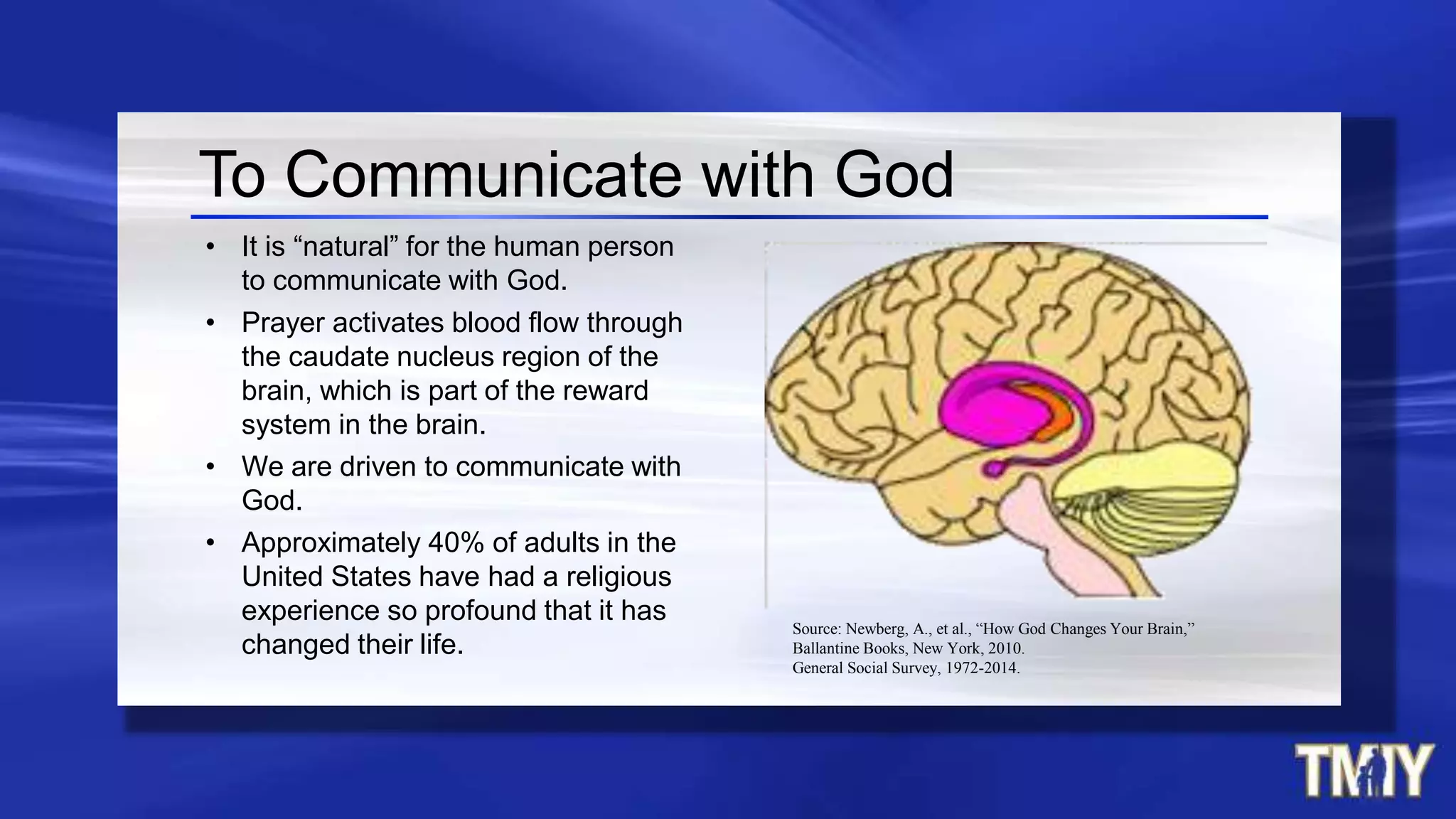 To Communicate with God
• It is “natural” for the human person
to communicate with God.
• Prayer activates blood flow through
the caudate nucleus region of the
brain, which is part of the reward
system in the brain.
• We are driven to communicate with
God.
• Approximately 40% of adults in the
United States have had a religious
experience so profound that it has
changed their life.
Source: Newberg, A., et al., “How God Changes Your Brain,”
Ballantine Books, New York, 2010.
General Social Survey, 1972-2014.
 