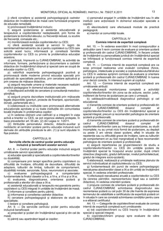 MONITORUL OFICIAL AL ROMÂNIEI, PARTEA I, Nr. 759/27.X.2011                                            13

    j) oferă consiliere și asistență psihopedagogică cadrelor               c) personalul angajat în unitățile de învățământ sau în alte
didactice din învățământul de masă care furnizează programe              instituții care acționează în domeniul educației speciale a
de educație remedială;                                                   copiilor;
    k) promovează învățământul incluziv;                                    d) elevi/studenți care efectuează module de practică
    l) asigură școlarizarea și asistența educațională și                 pedagogică;
terapeutică a copiilor/elevilor nedeplasabili, prin forme de                e) membri ai comunității locale.
școlarizare la domiciliul elevului, cu frecvență redusă, cu scutire
de frecvență, comasate etc.;                                                                    CAPITOLUL IV
    m) monitorizează evoluția copiilor/elevilor cu CES;                             Comisia internă de expertiză complexă
    n) oferă asistență socială și servicii în regim de                       Art. 10. — În vederea exercitării în mod corespunzător a
semiinternat/internat/centru de zi pentru copiii/elevii cu CES care      atribuțiilor care îi revin comisiei de evaluare și orientare școlară
solicită acest lucru; informează și consiliază familiile                 și profesională din cadrul CJRAE/CMBRAE, în fiecare unitate
copiilor/elevilor cu CES cu privire la problematica educației            de învățământ cu personalitate juridică din învățământul special
acestora;
                                                                         se înființează și funcționează comisia internă de expertiză
    o) participă, împreună cu CJRAE/CMBRAE, la activități de
                                                                         complexă.
informare, formare, perfecționare și documentare a cadrelor
                                                                             Art. 11. — Comisia internă de expertiză complexă are ca
didactice din învățământul obișnuit și special care se ocupă de
                                                                         scop principal realizarea unei evaluări complexe (fizice,
educația copiilor cu CES;
                                                                         psihologice, intelectuale și sociale) a copilului/elevului/tânărului
    p) valorifică experiența psihopedagogică pozitivă și
                                                                         cu CES în vederea sprijinirii comisiei de evaluare și orientare
promovează ideile moderne privind educația specială prin
publicații de specialitate periodice, prin cercetare aplicativă și       școlară și profesională din cadrul CJRAE/CMBRAE în luarea
prin crearea de mijloace didactice;                                      unor decizii corecte, în interesul suprem al copilului.
    q) asigură resursele umane și materiale necesare realizării              Art. 12. — Comisia internă de expertiză complexă are
practicii pedagogice în domeniul educației speciale;                     următoarele atribuții:
    r) desfășoară activități de cercetare și consultanță metodico-           a) efectuează monitorizarea completă a activității
științifică;                                                             copiilor/elevilor/tinerilor din zona sa de acțiune, sector, județ,
    s) asigură propria dezvoltare instituțională prin mijloacele         indiferent de forma de școlarizare pe care o urmează;
legale disponibile (granturi, proiecte de finanțare, sponsorizări,           b) validează/invalidează diagnosticul psihologic și cel
donații, parteneriate etc.);                                             educațional;
    t) colaborează cu instituțiile care promovează alternativele             c) transmite comisiei de orientare școlară și profesională din
educaționale aprobate și cu toate instituțiile din comunitatea           cadrul        CJRAE/CMBRAE              dosarul      complet      al
locală implicate în problematica copiilor;                               copiilor/elevilor/tinerilor cu CES din învățământul special și
    u) în vederea obținerii unei calificări și a integrării în viața     special integrat, precum și recomandări psihologice de orientare
activă a tinerilor cu CES, se pot organiza ateliere protejate, în        școlară și profesională;
baza prevederilor art. 55 alin. (2) din Legea nr. 1/2011.                    d) transmite comisiei de orientare școlară și profesională din
    (2) Atribuțiile personalului didactic, didactic-auxiliar și          cadrul        CJRAE/CMBRAE              dosarul      complet      al
nedidactic al centrelor școlare pentru educație inclusivă sunt           copiilor/elevilor/tinerilor care au întrerupt școlarizarea, au studii
derivate din atribuțiile prevăzute la alin. (1) și sunt stipulate în     incomplete, nu au urmat nicio formă de școlarizare, au depășit
fișa postului.                                                           cu peste 3 ani vârsta clasei școlare, aflați în situație de
                                                                         repetenție sau cu dificultăți grave de învățare, care au tulburări
                         CAPITOLUL III                                   de comportament ori au fost marginalizați și face recomandări
     Serviciile oferite de centrul școlar pentru educație                psihologice de orientare școlară și profesională;
          incluzivă și beneficiarii acestor servicii                         e) asigură repartizarea pe grupe/clase/ani de studiu a
    Art. 8. — Centrul școlar pentru educație incluzivă asigură           copiilor/elevilor/tinerilor cu CES din unitățile școlare de
următoarele servicii specializate:                                       învățământ special la începutul anului școlar, după criterii
    a) educație specială și specializată a copiilor/elevilor/tinerilor   obiective (diagnostic, gradul deficienței, nivelul psihointelectual,
cu dizabilități;                                                         gradul de integrare socio-școlară);
    b) compensare prin terapii specifice pentru copiii/elevii cu             f) elaborează, realizează și urmărește realizarea planului de
dificultăți de învățare, dificultăți de dezvoltare, dificultăți de       servicii individualizat al copilului/elevului cu CES;
adaptare, tulburări de limbaj, tulburări de comportament,                    g) fundamentează din punct de vedere psihopedagogic
dizabilități mintale, senzoriale, fizice, neuromotorii și asociate;      reevaluarea absolvenților clasei a IX-a din unități de învățământ
    c)     evaluarea      psihopedagogică        a   competențelor       special, în vederea orientării profesionale;
fundamentale la finalul claselor a II-a, a IV-a, a VI-a și a IX-a;           h) efectuează reevaluarea anuală a copiilor/elevilor cu CES
    d) evaluarea, diagnosticarea, orientarea școlară și                  (la cererea părinților, reprezentantului legal sau a cadrelor
profesională a elevilor din clasa a IX-a;                                didactice), în vederea orientării școlare;
    e) asistență educațională și terapeutic-recuperatorie pentru             i) propune comisiei de orientare școlară și profesională din
copiii/elevii cu CES integrați în unitățile de învățământ de masă;       cadrul CJRAE/CMBRAE schimbarea diagnosticului sau
    f) informare și consiliere pentru părinți;                           reorientarea școlară cu cel puțin 30 de zile înainte de expirarea
    g) informarea și consilierea cadrelor didactice;                     termenului de valabilitate a certificatului de expertiză școlară ori
    h) cercetare psihopedagogică și elaborare de studii de               în situația în care se constată schimbarea condițiilor pentru care
specialitate;                                                            s-a eliberat certificatul.
    i) testare și consiliere psihologică.                                    Art. 13. — Categoriile de copii/elevi/tineri evaluate de comisia
    Art. 9. — De serviciile centrului școlar pentru educație             internă de expertiză complexă sunt următoarele:
incluzivă beneficiază:                                                       a) toți copiii/elevii/tinerii cu CES înscriși în învățământul
    a) preșcolari și școlari din învățământul special și din cel de      special și special integrat;
masă;                                                                        b) copiii/elevii/tinerii propuși spre evaluare de către
    b) părinți sau aparținători legali ai copiilor;                      CJRAE/CMBRAE;
 
