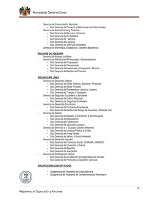 Municipalidad Distrital de Comas
9
Reglamento de Organización y Funciones
- Gerencia de Comunicación Municipal
 Sub Gerencia de Protocolo y Relaciones Interinstitucionales
- Gerencia de Administración y Finanzas
 Sub Gerencia de Recursos Humanos
 Sub Gerencia de Contabilidad
 Sub Gerencia de Tesorería
 Sub Gerencia de Logística
 Sub. Gerencia de Servicios Generales
- Gerencia de Informática, Estadística y Gobierno Electrónico
ÓRGANOS DE ASESORÍA
- Gerencia de Asuntos Jurídicos
- Gerencia de Planificación Presupuesto y Racionalización
 Sub Gerencia de Presupuesto
 Sub Gerencia de Planeamiento
 Sub Gerencia de Inversiones y Cooperación Técnica
 Sub Gerencia de Gestión de Procesos
ÓRGANOS DE LÍNEA
- Gerencia de Desarrollo Urbano
 Sub Gerencia de Obras Públicas, Estudios y Proyectos
 Sub Gerencia de Obras Privadas
 Sub Gerencia de Planeamiento Urbano y Catastro
 Sub Gerencia de Tránsito y Transporte
- Gerencia de Seguridad Ciudadana y Sanciones
 Sub Gerencia de Control Municipal
 Sub. Gerencia de Seguridad Ciudadana
- Gerencia de Desarrollo Económico
 Sub Gerencia de Promoción Empresarial
 Sub Gerencia de Gestión del Riesgo de Desastres y Defensa Civil
- Gerencia de Rentas
 Sub Gerencia de Registro y Orientación al Contribuyente
 Sub Gerencia de Recaudación
 Sub Gerencia de Fiscalización
 Sub Gerencia de Ejecutoria Coactiva
- Gerencia de Servicios a la Ciudad y Gestión Ambiental
 Sub Gerencia de Limpieza Pública y Ornato
 Sub Gerencia de Áreas Verdes
 Sub Gerencia de Salud y Control Ambiental
- Gerencia de Desarrollo Humano
 Sub Gerencia de Promoción Social, DEMUNA y OMAPED
 Sub Gerencia de Educación y Cultura
 Sub Gerencia de Deportes
 Sub Gerencia de Juventudes
- Gerencia de Participación Vecinal
 Sub Gerencia de Acreditación de Organizaciones Sociales
 Sub Gerencia de Promoción y Desarrollo Comunal.
ÓRGANOS DESCONCENTRADOS
 Subgerencia del Programa del Vaso de Leche
 Subgerencia del Programa de Complementación Alimentaria
 