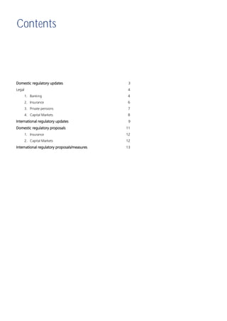 Contents



Domestic regulatory updates                    3
Legal                                          4
        1. Banking                            4
        2. Insurance                          6
        3. Private pensions                   7
        4. Capital Markets                    8
International regulatory updates               9
Domestic regulatory proposals                 11
        1. Insurance                          12
        2. Capital Markets                    12
International regulatory proposals/measures   13
 