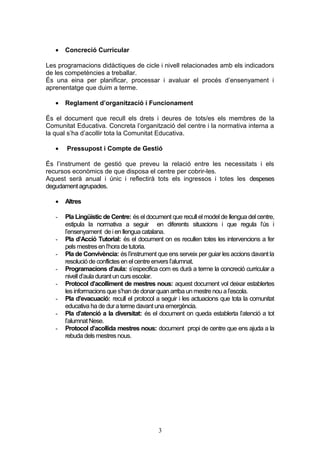 • Concreció Curricular
Les programacions didàctiques de cicle i nivell relacionades amb els indicadors
de les competències a treballar.
És una eina per planificar, processar i avaluar el procés d’ensenyament i
aprenentatge que duim a terme.
• Reglament d’organització i Funcionament
És el document que recull els drets i deures de tots/es els membres de la
Comunitat Educativa. Concreta l’organització del centre i la normativa interna a
la qual s’ha d’acollir tota la Comunitat Educativa.
• Pressupost i Compte de Gestió
És l’instrument de gestió que preveu la relació entre les necessitats i els
recursos econòmics de que disposa el centre per cobrir-les.
Aquest serà anual i únic i reflectirà tots els ingressos i totes les despeses
degudament agrupades.
• Altres
- Pla Lingüístic de Centre: és el document que recull el model de llengua del centre,
estipula la normativa a seguir en diferents situacions i que regula l’ús i
l’ensenyament de i en llengua catalana.
- Pla d’Acció Tutorial: és el document on es recullen totes les intervencions a fer
pels mestresen l’hora de tutoria.
- Pla de Convivència: és l’instrument que ens serveix per guiar les accions davant la
resolució de conflictes en el centre envers l’alumnat.
- Programacions d’aula: s’especifica com es durà a terme la concreció curricular a
nivell d’aula durantun cursescolar.
- Protocol d’acolliment de mestres nous: aquest document vol deixar establertes
les informacionsque s’han de donarquan arriba un mestre nou a l’escola.
- Pla d’evacuació: recull el protocol a seguir i les actuacions que tota la comunitat
educativa ha de dura terme davant una emergència.
- Pla d’atenció a la diversitat: és el document on queda establerta l’atenció a tot
l’alumnat Nese.
- Protocol d’acollida mestres nous: document propi de centre que ens ajuda a la
rebuda delsmestres nous.
3
 