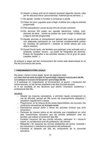 10.Assistir a classe amb tot el material necessari (agenda, deures, roba
per fer educació física i psicomotricitat, material que es demana...)
11.No agredir, insultar ni humiliar ni companys ni adults.
12.Poden dur jocs i juguetes quan s’hagin d’utilitzar per a alguna activitat
programada.
13.Pels passadissos i zones de pas s'ha de circular caminant.
14.Els alumnes NO poden dur aparells electrònics, mòbils, mp3,
càmeres de fotos... només es podran dur quan s’hagin d’utilitzar per
a alguna activitat programada.
15.Aquells alumnes el comportament general dels quals no garanteixi
una adequada participació en una activitat complementària podran
ser exclosos de participar-hi i restaran al centre atesos per un/a
altre/a mestre/a.
16.Durant l'horari lectiu, els familiars que participen a les activitats com a
ambients, sortides, racons... no poden fer fotografies als alumnes.
Podran fer fotografies a les activitats obertes a tot el grup de pares
(nadales, teatre...).
El protocol a seguir pel bon funcionament del centre està desenvolupat en el
Pla de Convivència del centre.
7. PARES/MARES/TUTORS LEGALS
Els pares i mares o tutors legals, tenen els següents drets:
a)A estar informats sobre el progrésde l’aprenentatge i integració socioeducativa delsfills.
b)A participar en el procésd’ensenyament i aprenentatge dels fills.
c) A participar en l’organització, el funcionament, el govern i l’avaluació del
centre educatiu, en els termes establerts a les lleis (consell escolar)
d) A ser escoltats en les decisions que afectin l’orientació acadèmica i
professional dels fills.
DEURES:
- Adoptar les mesures necessàries, o sol·licitar l’ajuda corresponent en
cas de dificultat, perquè els fills cursin els ensenyaments obligatoris i
assisteixin regularment a classe.
- Proporcionar, en la mesura de les seves disponibilitats, els recursos i les
condicions necessàries per al progrésescolar.
- Estimular-los perquè portin a terme les activitats d’estudi que se’ls
encomanin.
- Participar de manera activa en les activitats que s’estableixin en virtut
dels compromisos educatius que els centres estableixin amb les
famílies, per millorar el rendiment dels fills.
- Conèixer l’evolució del seu procés educatiu, participar- hi i donar-hi
suport, en col·laboració amb els professors i els centres.
- Respectar i fer respectar les normes establertes pel centre, l’autoritat i
les indicacions o orientacions educatives del professorat..
- Fomentar el respecte per tots els components de la comunitat
educativa.
30
 