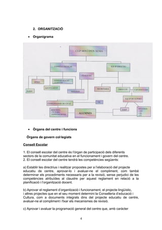 2. ORGANITZACIÓ
• Organigrama
• Òrgans del centre i funcions
Òrgans de govern col·legiats
Consell Escolar
1. El consell escolar del centre és l’òrgan de participació dels diferents
sectors de la comunitat educativa en el funcionament i govern del centre.
2. El consell escolar del centre tendrà les competències següents:
a) Establir les directrius i realitzar propostes per a l’elaboració del projecte
educatiu de centre, aprovar-lo i avaluar-ne el compliment, com també
determinar els procediments necessaris per a la revisió, sense perjudici de les
competències atribuïdes al claustre per aquest reglament en relació a la
planificació i l’organització docent.
b) Aprovar el reglament d’organització i funcionament, el projecte lingüístic,
i altres projectes que en el seu moment determini la Conselleria d’educació i
Cultura, com a documents integrats dins del projecte educatiu de centre,
avaluar-ne el compliment i fixar els mecanismes de revisió.
c) Aprovar i avaluar la programació general del centre que, amb caràcter
4
 