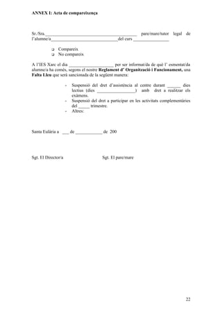 ANNEX I: Acta de compareixença



Sr./Sra._________________________________________ pare/mare/tutor legal de
l’alumne/a______________________________del curs ________________

              Compareix
              No compareix

A l’IES Xarc el dia ____________________ per ser informat/da de què l’ esmentat/da
alumne/a ha comés, segons el nostre Reglament d’ Organització i Funcionament, una
Falta Lleu que serà sancionada de la següent manera:

                     -   Suspensió del dret d’assistència al centre durant ______ dies
                         lectius (dies _________________) amb dret a realitzar els
                         exàmens.
                     -   Suspensió del dret a participar en les activitats complementàries
                         del _____ trimestre.
                     -   Altres:



Santa Eulària a ___ de ____________ de 200




Sgt. El Director/a                       Sgt. El pare/mare




                                                                                       22
 
