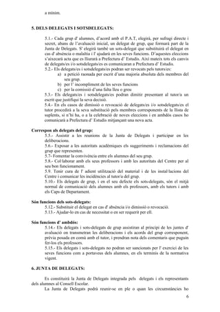 a mínim.


5. DELS DELEGATS I SOTSDELEGATS:

       5.1.- Cada grup d' alumnes, d’acord amb el P.A.T, elegirà, per sufragi directe i
       secret, abans de l’avaluació inicial, un delegat de grup, que formarà part de la
       Junta de Delegats. S' elegirà també un sots-delegat que substituirà el delegat en
       cas d' absència o malaltia i l' ajudarà en les seves funcions. D’aquestes eleccions
       s’aixecarà acta que es lliurarà a Prefectura d’ Estudis. Així mateix tots els canvis
       de delegats/es i/o sotsdelegats/es es comunicaran a Prefectura d’ Estudis.
       5.2.- Els delegats/es i sotsdelegats/es podran ser revocats pels tutors/es:
               a) a petició raonada per escrit d’una majoria absoluta dels membres del
                   seu grup.
               b) per l’ incompliment de les seves funcions
               c) per la comissió d’una falta lleu o greu
       5.3.- Els delegats/es i sotsdelegats/es podran dimitir presentant al tutor/a un
       escrit que justifiqui la seva decisió.
       5.4.- En els casos de dimissió o revocació de delegats/es i/o sotsdelegats/es el
       tutor procedirà a la seva substitució pels membres corresponents de la llista de
       suplents, si n’hi ha, o a la celebració de noves eleccions i en ambdós casos ho
       comunicarà a Prefectura d’ Estudis mitjançant una nova acta.

Correspon als delegats del grup:
      5.5.- Assistir a les reunions de la Junta de Delegats i participar en les
      deliberacions.
      5.6.- Exposar a les autoritats acadèmiques els suggeriments i reclamacions del
      grup que representen.
      5.7- Fomentar la convivència entre els alumnes del seu grup.
      5.8.- Col·laborar amb els seus professors i amb les autoritats del Centre per al
      seu bon funcionament.
      5.9. Tenir cura de l' adient utilització del material i de les instal·lacions del
      Centre i comunicar les incidències al tutor/a del grup.
      5.10.- Els delegats de grup, i en el seu defecte els sots-delegats, són el mitjà
      normal de comunicació dels alumnes amb els professors, amb els tutors i amb
      els Caps de Departament.

Són funcions dels sots-delegats:
      5.12.- Substituir el delegat en cas d' absència i/o dimissió o revocació.
      5.13.- Ajudar-lo en cas de necessitat o en ser requerit per ell.

Són funcions d' ambdós:
      5.14.- Els delegats i sots-delegats de grup assistiran al principi de les juntes d'
      avaluació on transmetran les deliberacions i els acords del grup corresponent,
      prèvia posada en comú amb el tutor, i prendran nota dels comentaris que puguin
      fer-los els professors.
      5.15.- Els delegats i sots-delegats no podran ser sancionats per l' exercici de les
      seves funcions com a portaveus dels alumnes, en els terminis de la normativa
      vigent.

6. JUNTA DE DELEGATS:

        Es constituirà la Junta de Delegats integrada pels delegats i els representants
dels alumnes al Consell Escolar.
        La Junta de Delegats podrà reunir-se en ple o quan les circumstàncies ho
                                                                                         6
 