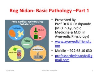 Rog Nidan- Basic Pathology –Part 1 
• Presented By – 
Prof.Dr.R.R.Deshpande 
(M.D in Ayurvdic 
Medicine & M.D. in 
Ayurvedic Physiology)
• www.ayurvedicfriend.c
om
• Mobile – 922 68 10 630
• professordeshpande@g
mail.com
12/19/2016 1Prof.Dr.R.R.Deshpande
 