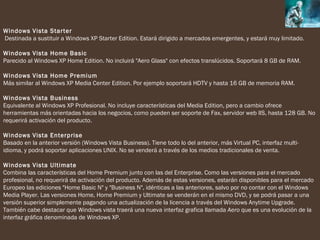 Windows Vista Starter
 Destinada a sustituir a Windows XP Starter Edition. Estará dirigido a mercados emergentes, y estará muy limitado.

Windows Vista Home Basic 
Parecido al Windows XP Home Edition. No incluirá "Aero Glass" con efectos translúcidos. Soportará 8 GB de RAM.

Windows Vista Home Premium
Más similar al Windows XP Media Center Edition. Por ejemplo soportará HDTV y hasta 16 GB de memoria RAM.

Windows Vista Business
Equivalente al Windows XP Profesional. No incluye características del Media Edition, pero a cambio ofrece
herramientas más orientadas hacia los negocios, como pueden ser soporte de Fax, servidor web IIS, hasta 128 GB. No
requerirá activación del producto.

Windows Vista Enterprise 
Basado en la anterior versión (Windows Vista Business). Tiene todo lo del anterior, más Virtual PC, interfaz multi-
idioma, y podrá soportar aplicaciones UNIX. No se venderá a través de los medios tradicionales de venta. 

Windows Vista Ultimate 
Combina las características del Home Premium junto con las del Enterprise. Como las versiones para el mercado
profesional, no requerirá de activación del producto. Además de estas versiones, estarán disponibles para el mercado
Europeo las ediciones "Home Basic N" y "Business N", idénticas a las anteriores, salvo por no contar con el Windows
Media Player. Las versiones Home, Home Premium y Ultimate se venderán en el mismo DVD, y se podrá pasar a una
versión superior simplemente pagando una actualización de la licencia a través del Windows Anytime Upgrade.
También cabe destacar que Windows vista traerá una nueva interfaz grafica llamada Aero que es una evolución de la
interfaz gráfica denominada de Windows XP. 
 