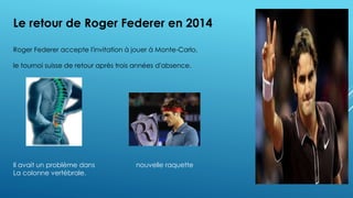 Le retour de Roger Federer en 2014
Roger Federer accepte l'invitation à jouer à Monte-Carlo,
le tournoi suisse de retour après trois années d'absence.
nouvelle raquetteIl avait un problème dans
La colonne vertébrale.
 