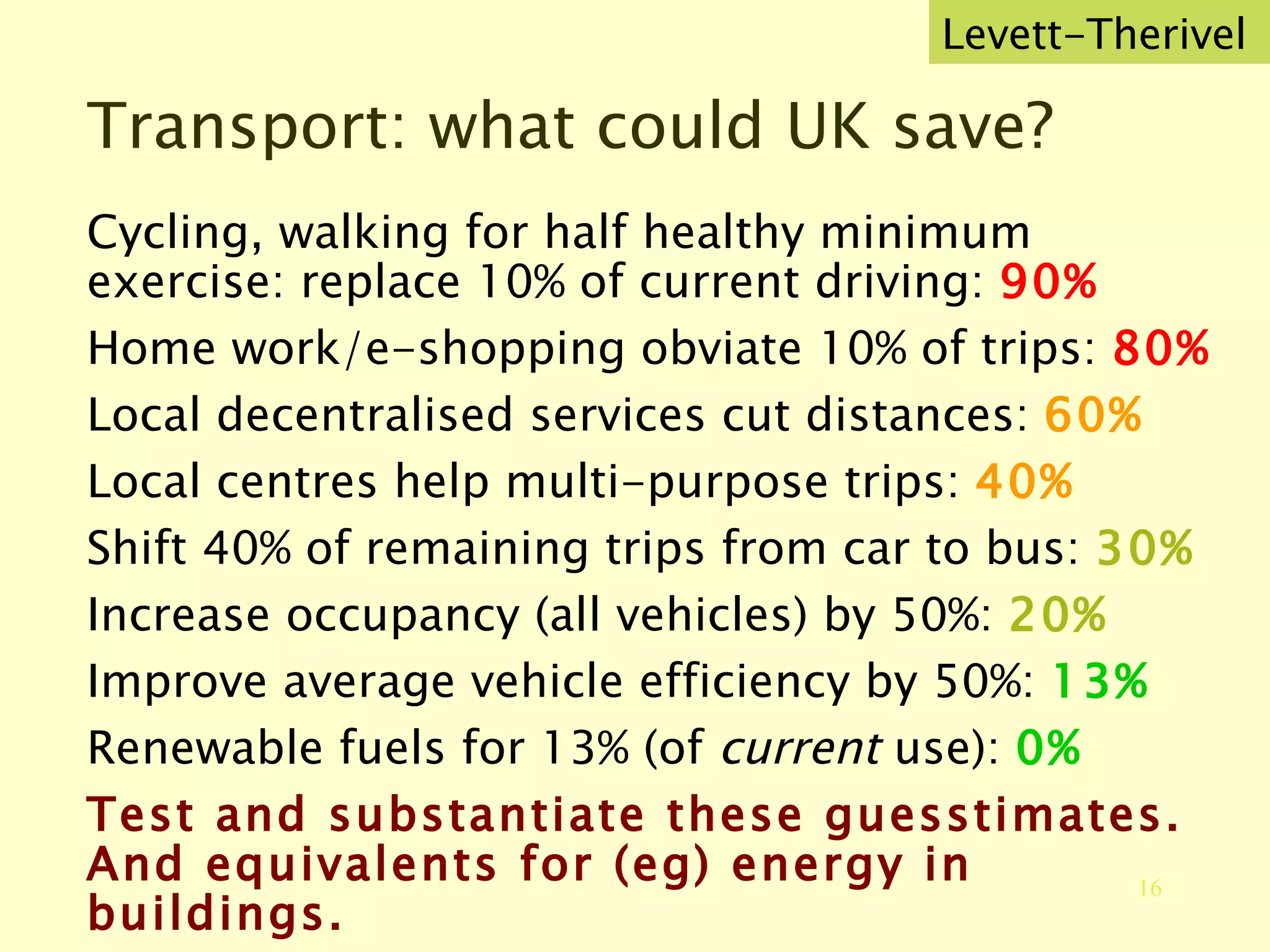 Transport: what could UK save? Levett-Therivel Cycling, walking for half healthy minimum exercise: replace 10% of current driving:  90%   Home work/e-shopping obviate 10% of trips:  80%   Local decentralised services cut distances:  60%   Local centres help multi-purpose trips:  40%   Shift 40% of remaining trips from car to bus:  30% Increase occupancy (all vehicles) by 50%:  20% Improve average vehicle efficiency by 50%:  13% Renewable fuels for 13% (of  current  use):  0% Test and substantiate these guesstimates.  And equivalents for (eg) energy in buildings.  