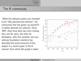 Experience
                                             R project
                                              R spatial
           Managing research in collaborative networks


 The R community

 While the software system was intended
to be “fully planned and coherent” the
                                    ,
community that has grown up around R
is neither planned nor coherent. Since
1997, there have been two main mailing
lists, one for users, the other for
developers. John Fox (another non-core
ordinary foundation member) has
described the social structure of the
project in a recent paper in the R
Journal, from which this graph is taken:



                                         Roger Bivand     A practitioner’s view
 