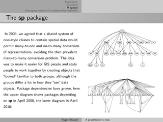 Experience
                                                R project
                                                 R spatial
              Managing research in collaborative networks


  The sp package

 In 2003, we agreed that a shared system of
new-style classes to contain spatial data would
permit many-to-one and on-to-many conversion
of representations, avoiding the then prevalent
many-to-many conversion problem. The idea
was to make it easier for GIS people and stats
people to work together by creating objects that
“looked” familiar to both groups, although the
groups diﬀer a lot in how they “see” data
objects. Package dependencies have grown, here
the upper diagram shows packages depending
on sp in April 2008, the lower diagram in April
2010:


                                            Roger Bivand     A practitioner’s view
 
