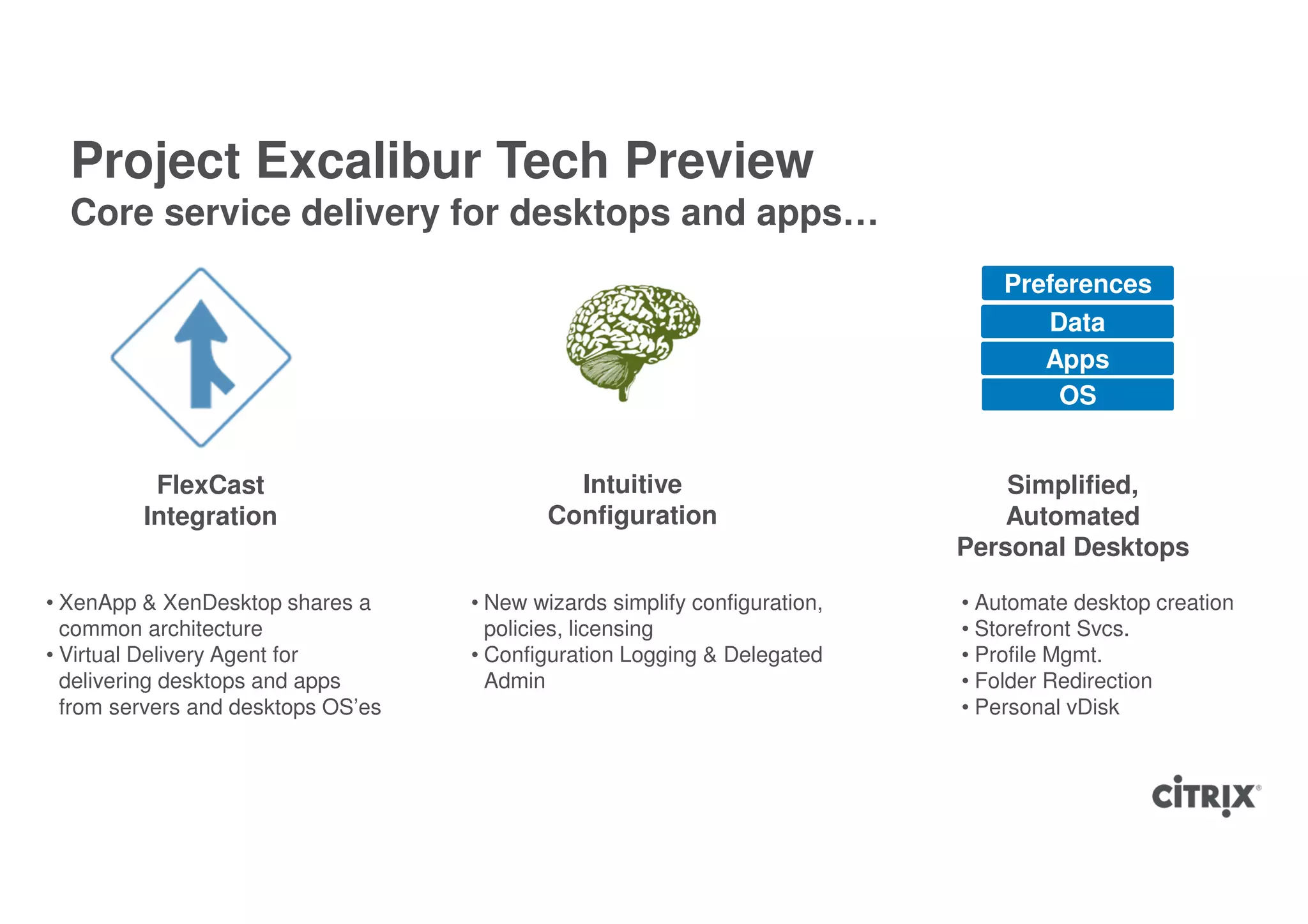 Project Excalibur Tech Preview
  Core service delivery for desktops and apps…
                                                                                Preferences
                                                                                   Data
                                                                                   Apps
                                                                                    OS


          FlexCast                            Intuitive                         Simplified,
         Integration                        Configuration                       Automated
                                                                            Personal Desktops

• XenApp & XenDesktop shares a      • New wizards simplify configuration,   • Automate desktop creation
  common architecture                 policies, licensing                   • Storefront Svcs.
• Virtual Delivery Agent for        • Configuration Logging & Delegated     • Profile Mgmt.
  delivering desktops and apps        Admin                                 • Folder Redirection
  from servers and desktops OS’es                                           • Personal vDisk
 