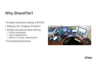 Why ShareFile?

• Enable workforce mobility & BYOD
• Address the “Dropbox-Problem”
• Simple and secure data sharing
 ᵒ Fellow employees
 ᵒ Team collaboration
 ᵒ Clients, 3rd party collaboration
• Enhanced productivity
 