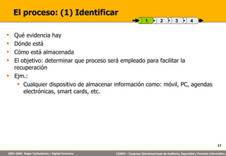 El proceso: (1) Identificar Qué evidencia hay Dónde está Cómo está almacenada El objetivo: determinar que proceso será empleado para facilitar la recuperación Ejm.: Cualquier dispositivo de almacenar información como: móvil, PC, agendas electrónicas, smart cards, etc. 4 3 2 1 