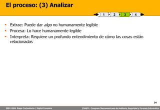 El proceso: (3) Analizar Extrae: Puede dar  algo  no humanamente legible Procesa: Lo hace humanamente legible Interpreta: Requiere un profundo entendimiento de cómo las cosas están relacionadas 4 3 2 1 