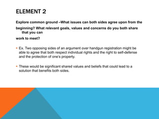 ELEMENT 2
Explore common ground –What issues can both sides agree upon from the
beginning? What relevant goals, values and concerns do you both share
that you can
work to meet?
 Ex. Two opposing sides of an argument over handgun registration might be
able to agree that both respect individual rights and the right to self-defense
and the protection of one’s property.
 These would be significant shared values and beliefs that could lead to a
solution that benefits both sides.
 